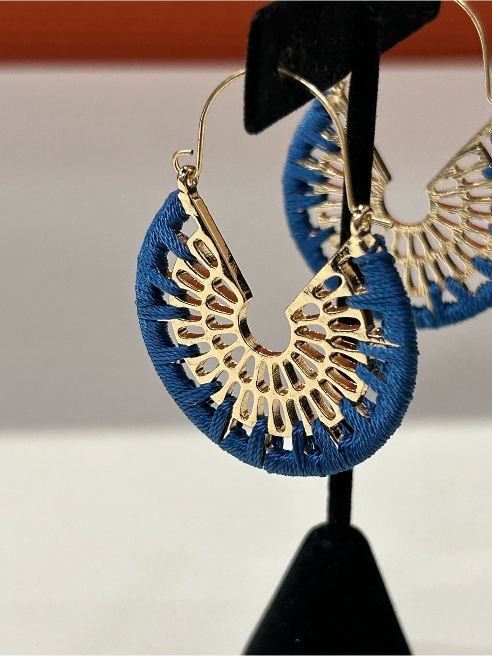 Large gold and blue bohemian hoop earrings